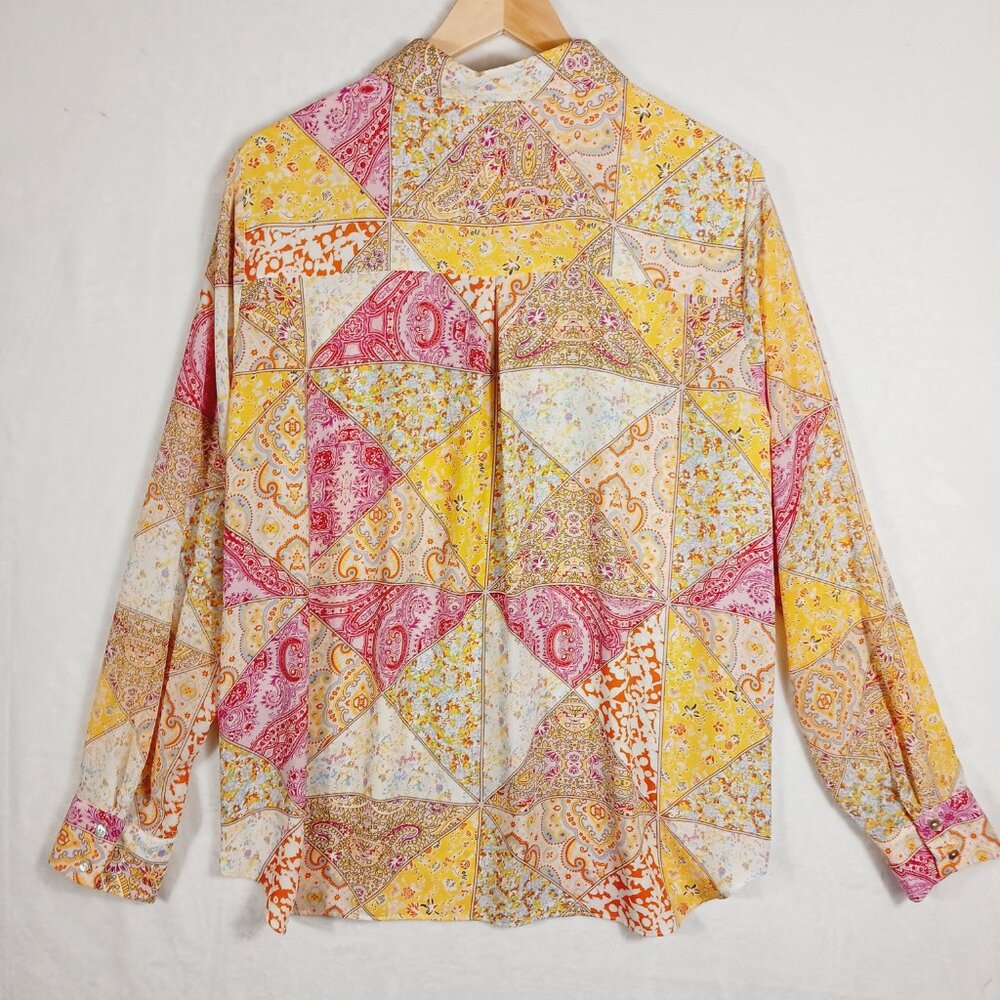 Rose & Olive, XL Button Down Blouse, Long Sleeve, Multi Paisley Patchwork Print - Picture 3 of 15